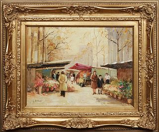 Louis Basset (1948-, French), "Paris Flower Market," 20th c., signed lower right, oil on panel, presented in a gilt and gesso frame, H.- 11 1/2 in., W