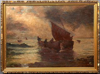 Continental School, "Fisherman Coming to Shore," 19th c., oil on canvas, unsigned, presented in a gilt and gesso mirror, H.- 28 1/2 in., W.- 39 1/2 in