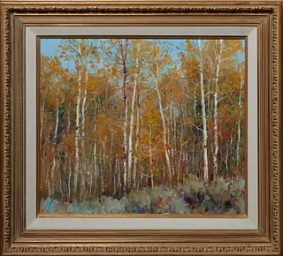 Terrance Hick (1950-, American), "Aspens Near Hunter Ridge," 20th c., oil on canvas, signed and titled lower right, signed en verso, presented in a an