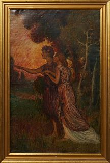 Continental School, "Two Lovers in the Forest," early 20th c., oil on canvas, unsigned, indistinct writing with "07844" en verso, presented in a gilt 