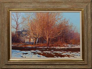 Terrance Hick (1950-, American), "Winter Light at Dusk - Home in the Woods," 20th c., oil on canvas, signed lower right, presented in a rustic wood fr