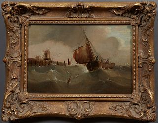 Edward King Redmore (1860-1941, British), "Stormy Port Scene," early 20th c., oil on canvas, signed lower left, presented in a gilt frame, H.- 7 1/4 i