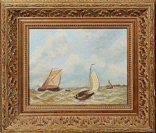 Adrianus Marijnissen (1899-1978, Dutch), "Fisherman in the Harbor," early 20th c., oil on board, signed lower left, presented in a gilt frame, H.- 7 1