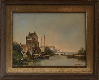 Fred Frauenfelder (1945-2003, Dutch), "Dutch Landscape," 20th c., oil on board, signed lower right, presented in a wood and gilt frame, H.- 4 7/8 in.,