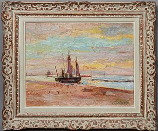 Leon Jacques, "Coastal Scene with Sailboats," 19th c., oil on canvas, signed lower right, presented in a wood frame, H.- 12 1/4 in., W.- 15 5/8 in., F