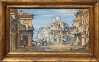 Continental School, "Old Spanish Town with Moorish Arch," 20th c., watercolor on paper, signed indistinctly lower left, presented in a gold painted fr