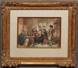 Herman Ten Kate (1822-1891, Dutch), "Interior Scene," 19th c., watercolor, signed lower left, presented in a gilt and gesso frame with a wide linen li