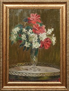 F. J. Garon, "Still Life of Flowers in a Glass Vase," 20th c., oil on canvas, unsigned, presented in a distressed gilt and gesso frame, H.- 17 1/2 in.