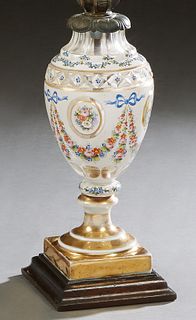 Unusual Milk Glass Cut to Clear Enamel Glass Vase, 19th c., possibly Venetian, with gilt and painted floral garland decorated sides to a socle support