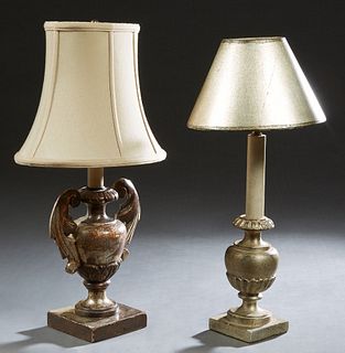 Two Diminutive Silvered Wood Baluster Candlestick Lamps, 20th c., one with scrolled leaf handles, both on integral square bases, Handled- H.- 10 in., 