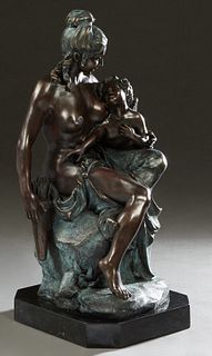 The Education of Cupid, 20th/21st c., patinated bronze, after the antique, the seated Venus holding cupid in her left arm, her right hand on a quiver 