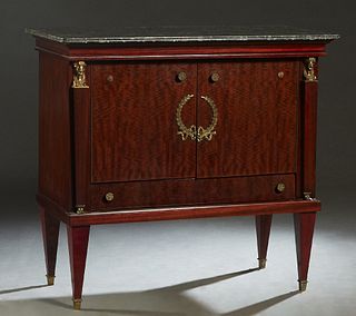 French Empire Style Carved Mahogany Marble Top Sideboard, 20th c., the highly figured rounded corner gray marble over setback double cupboard doors, f