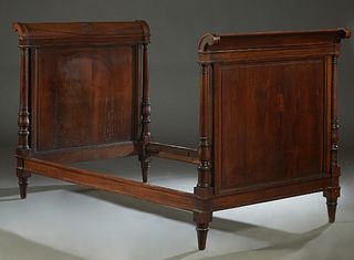 French Empire Carved Walnut Daybed, 19th c., the curved sleigh ends with fielded panels, joined by wooden rails, H.- 48 in., Int. W.- 70 in., Int. D.-