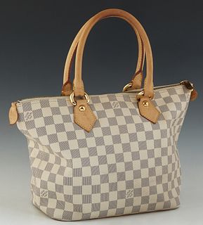 Louis Vuitton Saleya PM Shoulder Bag, in ivory Damier Azur coated canvas with vachetta leather handles and golden brass hardware, opening to a beige s