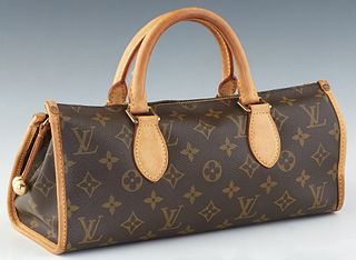 Louis Vuitton Popincourt Handbag, in brown monogram coated canvas with vachetta leather handles and golden brass hardware, opening to a brown canvas l