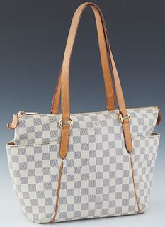 Louis Vuitton Totally PM Shoulder Bag, in ivory Damier Azur coated canvas with vachetta leather accents and golden brass hardware, opening to a beige 