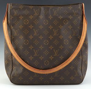 Louis Vuitton Looping GM Shoulder Bag, in brown monogram coated canvas with vachetta leather accents and gold hardware, the zipper opening to a beige 