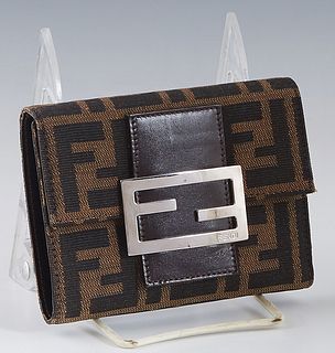 Fendi Square Wallet, in brown and beige logo Zucca canvas with silver hardware, the snap closure opening to a dark brown leather lined interior with o