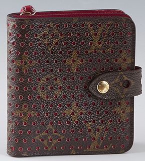 Louis Vuitton Compact PM Zip Wallet, in perforated brown and Indian rose coated canvas with golden brass hardware, the snap closure opening to an Indi