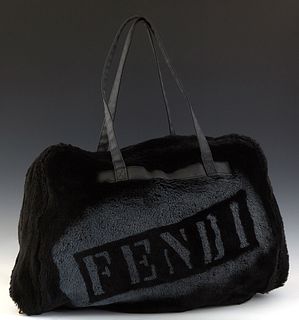 Fendi Fur Shoulder Bag, in black fur logo with black coated canvas accents and gold hardware, opening to a large black sweater lined interior, H.- 13 