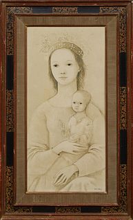 Bradi Barth (1922-2007, Switzerland), "Madonna and Child," 20th c., oil on board, signed lower right, presented in a hand-painted wood frame, H.- 19 3