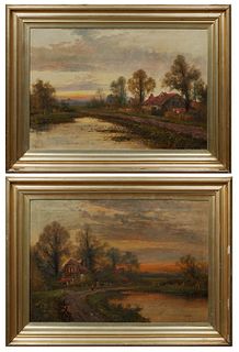 A. Hafiloo, "Cottage by the Stream," and "English Village with Woman on Road," 19th c., pair of oils on canvas, one signed lower left and the other si