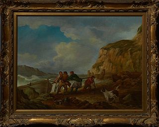 Thomas Bilben, "Fisherman Pulling a Boat to Shore," 20th c., oil on canvas, signed lower right, presented in a gilt frame, H.- 17 1/2 in., W.- 23 1/4 