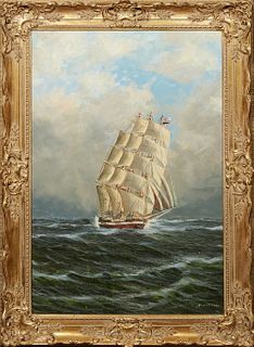 "American Ship at Sail," 21st c., oil on canvas, signed indistinctly lower right, presented in a gilt frame, H.- 35 1/4 in., W.- 23 1/4 in., Framed H.