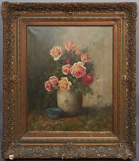 Hendrik Heyliggers (1867-1967, Dutch), "Still Life of Roses in a White Vase," early 20th c., oil on canvas, presented in a period gilt and gesso frame