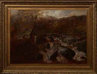 Continental School, "Mill by the Stream," 19th c., oil on canvas, unsigned, presented in a gilt a gesso frame, H.- 35 1/2 in., W.- 49 1/4 in., Framed 
