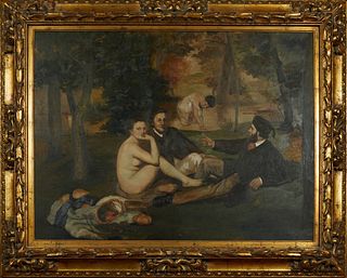 After Edouard Manet (1832-1883, French), "Dejeuner sur L'Herbe," 20th c., oil on canvas, signed "Tony" lower right corner, presented in a gilt frame, 