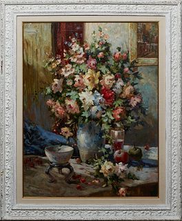 Chinese School, "Still Life of Bouquet with Apples," 21st c., oil on canvas, signed indistinctly lower right, presented in a white frame, H.- 39 3/4 i