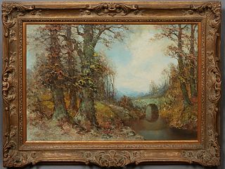 Wilhelm Brauer (1924-, German), "Stone Bridge in the Woods," 21st c., oil on burlap, signed lower left, presented in a gilt frame, H.- 23 1/2 in., W.-