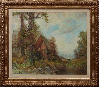 Wilhelm Brauer (1924-, German), "A Little Farmhouse by the Pond," 20th c., oil on burlap, signed lower left, presented in a gilt frame, H.- 19 1/4 in.