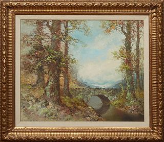 Wilhelm Brauer (1924-, German), "Wooded Landscape with Bridge," 20th c., oil on burlap, signed lower left, presented in a gilt frame, H.- 19 1/4 in., 
