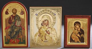 Group of Three Copies of Byzantine Icons, 20th c., prints on Wood, two of the Madonna and one of Christ Pantocrator, Christ.- 12 1/8 in., W.- 6 7/8 in