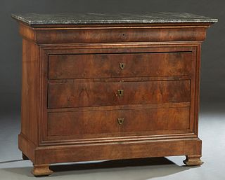 French Louis Philippe Carved Walnut Marble Top Commode, 19th c., the reeded edge figured marble over a cavetto frieze drawer and three deep drawers, o