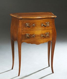 French Louis XV Style Carved Mahogany Bombe Nightstand, 20th c., the stepped bowed top over two bowed deep drawers, flanked by bombe sides, on square 