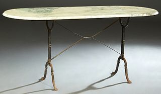 French Parisian Marble Top and Iron Bistro Table, 20th c., the figured stepped ogee edge oval figured yellowish white marble on an iron trestle base j