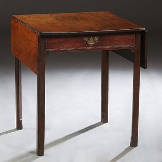 English Georgian Carved Mahogany Drop Leaf Side Table, early 19th c., the rectangular top over a frieze drawer, on square legs, H.- 27 1/2 in., W.- Cl