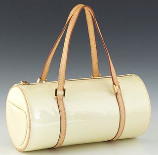 Louis Vuitton Bedford Shoulder Bag, in monogram vernis vanilla calf leather and golden brass hardware, opening to a white leather interior, the exteri
