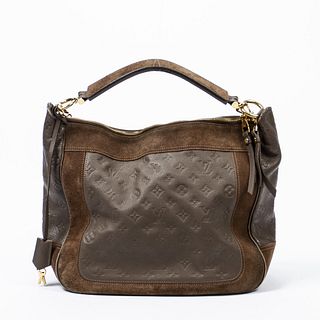 Louis Vuitton Oda Shoulder Bag, in grey monogram empriente leather with brown suede detail and golden hardware, opening to a brown stripped canvas int