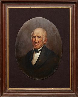 American School, "Portrait of an Old Man with Earring," 19th c., oil on panel, unsigned, presented in a wood frame, H.- 15 5/8 in., W.- 12 in., Framed