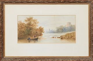 Continental School, "Two Boatsmen and a Castle in the Distance," 20th c., watercolor on paper, unsigned, presented in a gilt frame, H.- 5 1/2 in., W.-