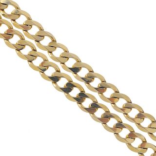 A necklace. The flat curb-link chain, to the lobster claw clasp. Length 54cms. Weight 89.9gms. <br><