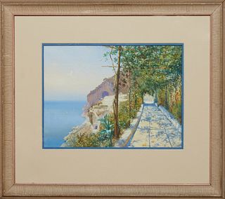 Bilotti (Italian), "Mediterranean Coastal Scene," 20th c., gouache on paper, pencil signed lower right, presented in a wood frame, H.- 9 1/2 in., W.- 