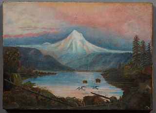 Style of Albert Bierstadt (1830-1902, American), "Landscape with Mount Rainer," early 20th c., oil on canvas, initialed "A.B." lower right, unframed, 