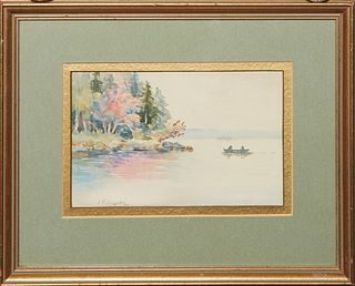 Jasper Francis Cropsey (1823-1900, American), "Two Boats on a Lake," 19th c., watercolor on paper, signed lower left, with a long pen inscription writ