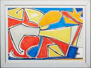 Hendrik Antonia Van Diest, (1948-, Dutch) "Abstract in Colors," 20th c., oil on board, signed lower right, presented in a wide polychromed frame, H.- 