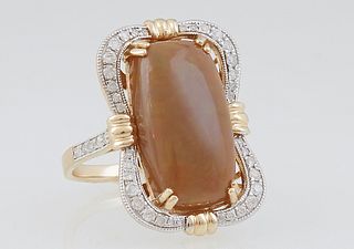 Lady's 14K Rose Gold Dinner Ring, with an oval cabochon 6.72 carat opal, within an undulating pierced frame of tiny round diamonds, the edges of the b
